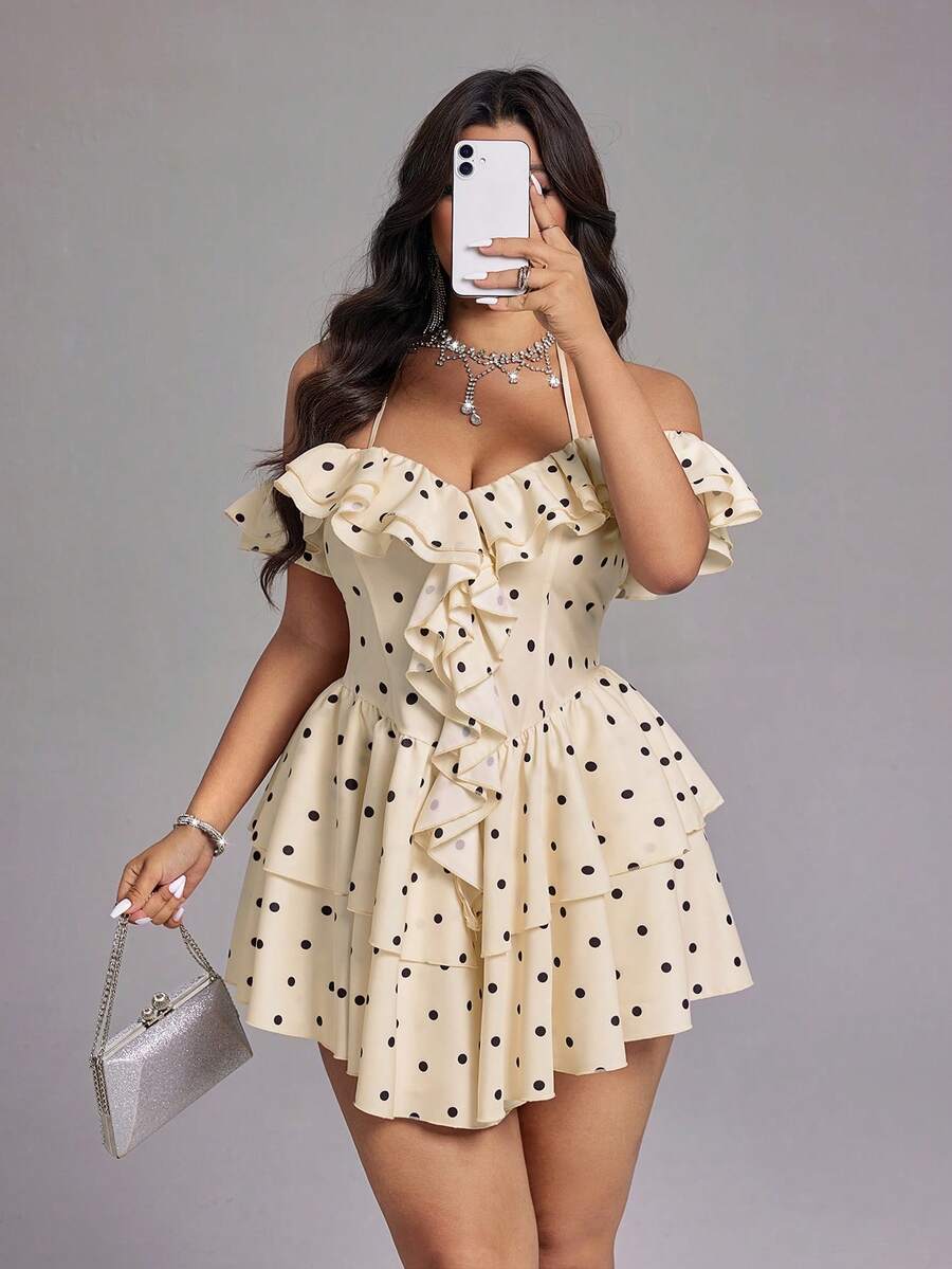 Viva Relle Plus Size Contrast Polka Dot Print Halter Neck Dress - Pink - View 1