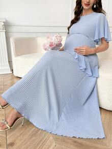 SHEIN Maternity Solid Color Round Neck Ruffle Hem Casual Elegant Photoshoot Dress Dresses For Pregnant Women Outfit Light Blue Summer - Blue - View 4