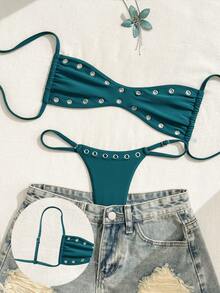 SHEIN Swim 2025新款女士纯色性感抹胸沙滩度假夏季休闲性感泳衣套装 - 水鴨藍 - 查看 1