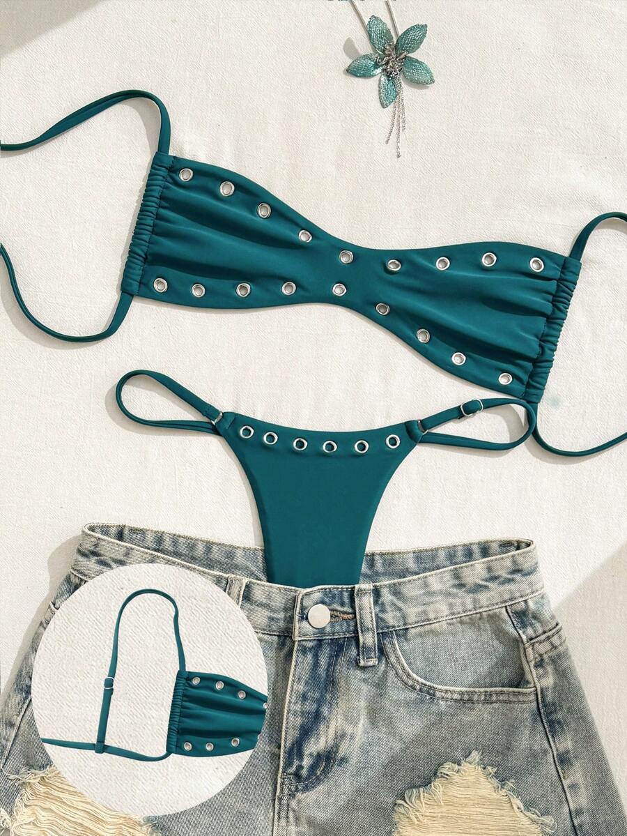 SHEIN Swim 2025新款女士纯色性感抹胸沙滩度假夏季休闲性感泳衣套装 - 水鴨藍 - 查看 1