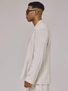 Musero Áo blazer dáng suông, thoải mái, kẻ sọc, một hàng khuy, hai túi bên hông, thích hợp mặc đi biển, mùa xuân hè và kỳ nghỉ. - Màu be - Xem 4