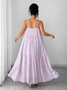 SHEIN Clasi Plus Size Women's Casual Vacation Style Woven Spaghetti Strap Double Layer Digital Print Light Purple Long Dress - Mauve Purple - View 2
