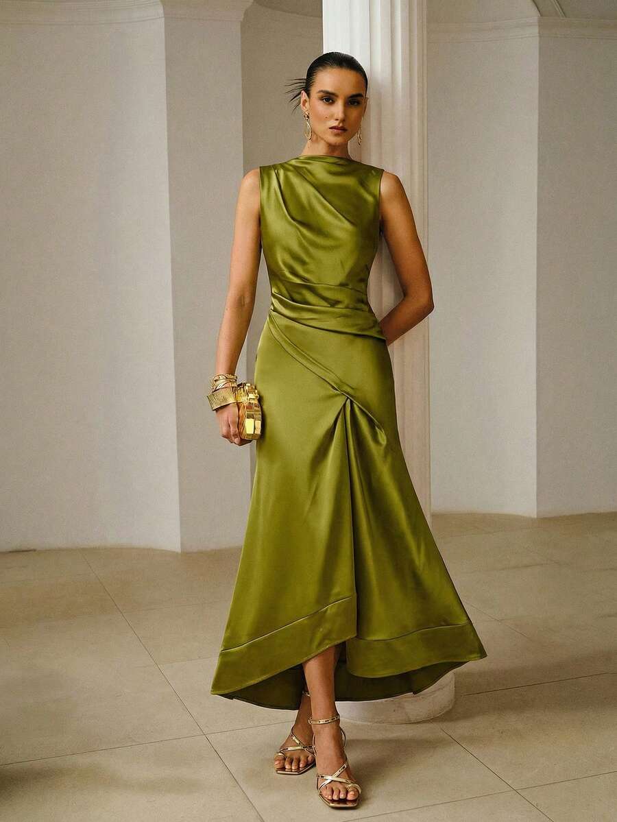 ZEYLAH Asymmetrical Ruched Dress, Spring/Summer - Olive Green - View 1