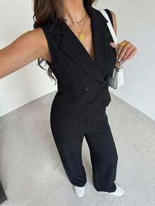 SHEIN 少女休闲简约舒适V领无袖上衣和裤子套装 - 黑色 - 查看 2