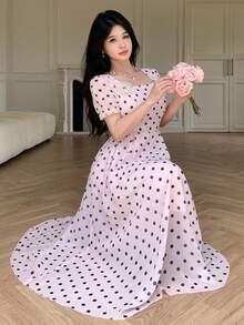Modelyn 粉色波点收腰喇叭连衣裙，饰有3D立体花卉图案，女款 - 粉色 - 查看 8