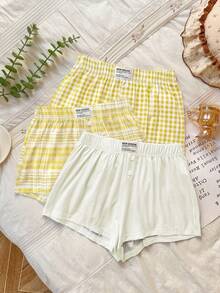 Napfluff Bộ 3 món quần pajama kẻ caro rộng rãi, thân thiện với da dành cho nữ, thích hợp mặc ở nhà. - Màu vàng - Xem 4