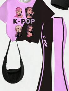 少女春夏休闲时尚创意个性化清爽简约酷炫虚拟少女团体图案印花T恤和喇叭裤套装，舒适日常穿着 - 彩色 - 查看 5
