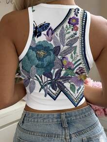 Mulvari Áo tank top cổ tròn ôm sát, in họa tiết, phong cách tối giản thường ngày dành cho nữ, thích hợp cho mùa hè. - Nhiều màu - Xem 3