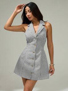 SHEIN PETITE Đầm không tay in sọc cho nữ, đầm kẻ sọc bằng vải lanh, trang phục mùa thu cho nữ, phong cách cổ điển, trang phục giáo viên, trang phục công sở, trang phục đi làm, phong cách tối giản, trang phục công sở cổ điển, đơn giản, chất liệu cotton, đầm mùa hè cho nữ. - Đen và trắng - Xem 6