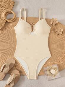Swim Chiccia 2026 Spring/Summer New Arrival Exquisite Solid Color Elegant One-Piece Swimsuit,Women White Summer Cute Pool Party Beach Spa Resort Vacation Outfit - Multicolor - View 4