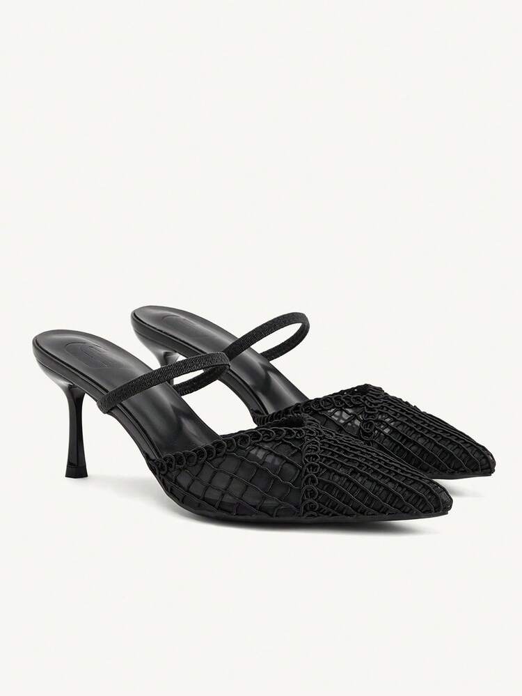 CUCCOO CHICEST Fashion Pointed Stiletto Black Hollow Mesh Elastic Band Women's High-Heeled Shoes Mule Shoes Spring And Summer Daily Versatile Commuting Elegant Dating Outside Wear Temperament Closed Toe Women's Shoes High-Heeled Slippers