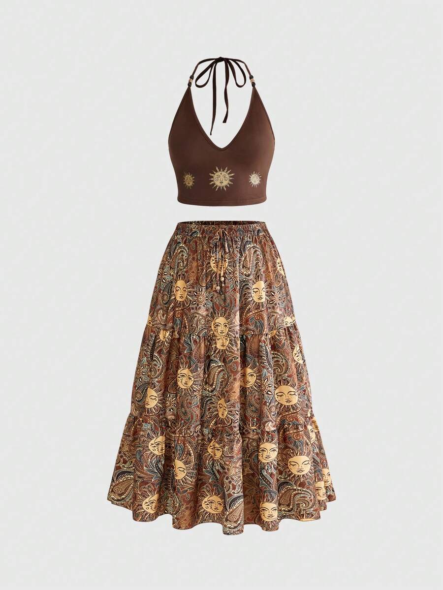 ROMWE Hippie Sun, Moon & Star Print Plus Size Halter Top & Skirt 2-Piece Set - Brown - View 1