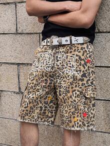 Manfinity EMRG Pantalones cortos de mezclilla con estampado de leopardo y dobladillo deshilachado para hombres - Multicolor - Ver 5