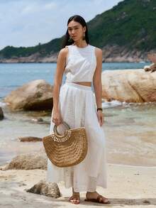 DAZY Vestido elegante francés con encaje calado y parches, sin mangas, con cintura ceñida. Conjunto de dos piezas de verano elegante y estilizador para mujeres - Blanco - Ver 2