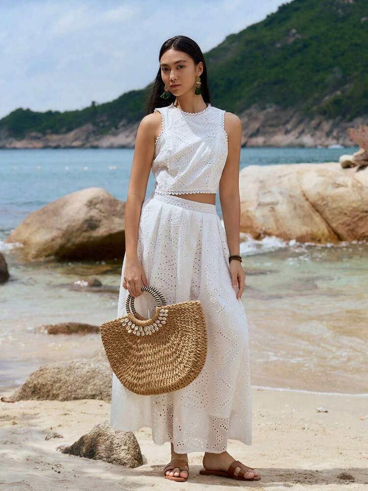 French Elegant Hollow Lace Patchwork Sleeveless Waist Cinched Dress, Women Summer Slimming Chic Two Pieces Set Lounge Sets For Women