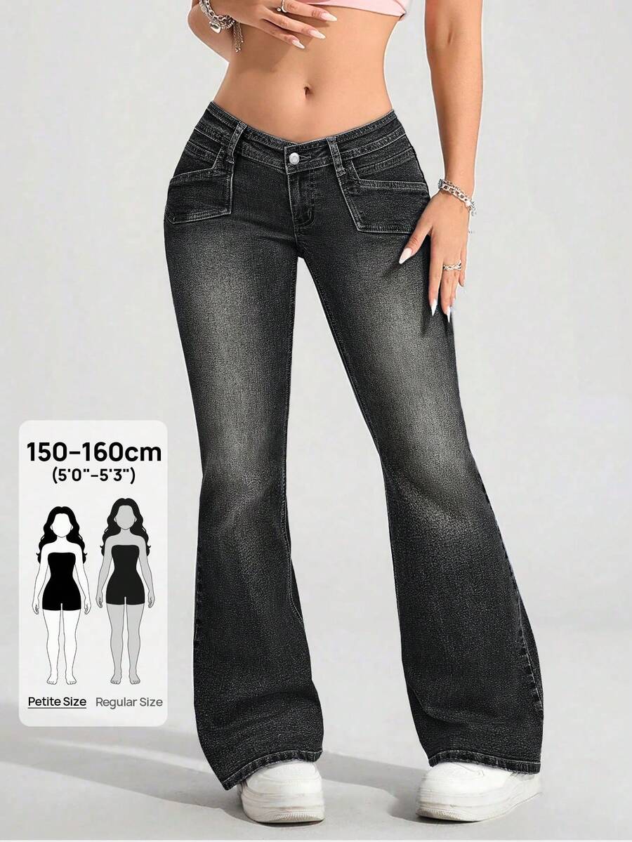 Jeanoix Petite Quần jeans ống loe nữ phong cách Y2K cài nút và túi - màu đen - Xem 1