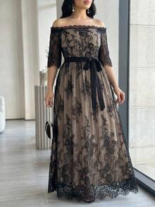 Modelyn Robe de soirée décontractée pour femmes grandes tailles avec design de taille à lacets et épaules dénudées en dentelle - Multicolore - Voir 2