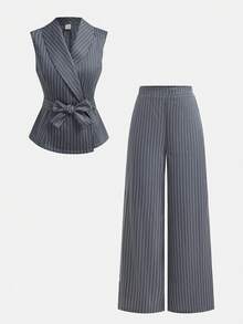 SHEIN Girlism Bộ đồ 2 mảnh dành cho nữ tuổi teen, áo blazer không tay cổ ve màu xám đậm kẻ sọc và quần dài, thích hợp cho các dịp trang trọng mùa hè, thanh lịch, tiệc tùng, hẹn hò, họp mặt gia đình quan trọng. - Màu xám đen - Xem 9