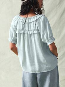 SoleilVie Blusa de verano de mujer con botones frontales, manga corta y volantes en color liso - Celeste - Ver 2