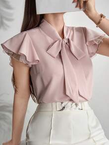 Modelyn 女性優雅網紗拼接荷葉袖襯衫，帶衣領和領帶，夏季 - 粉色 - 查看 4