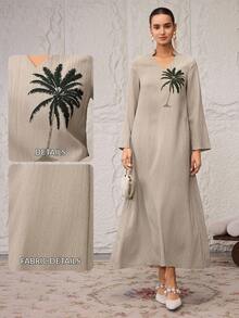 Al Najma 女士棕榈树印花V领长袖阿拉伯连衣裙 - 灰色 - 查看 5