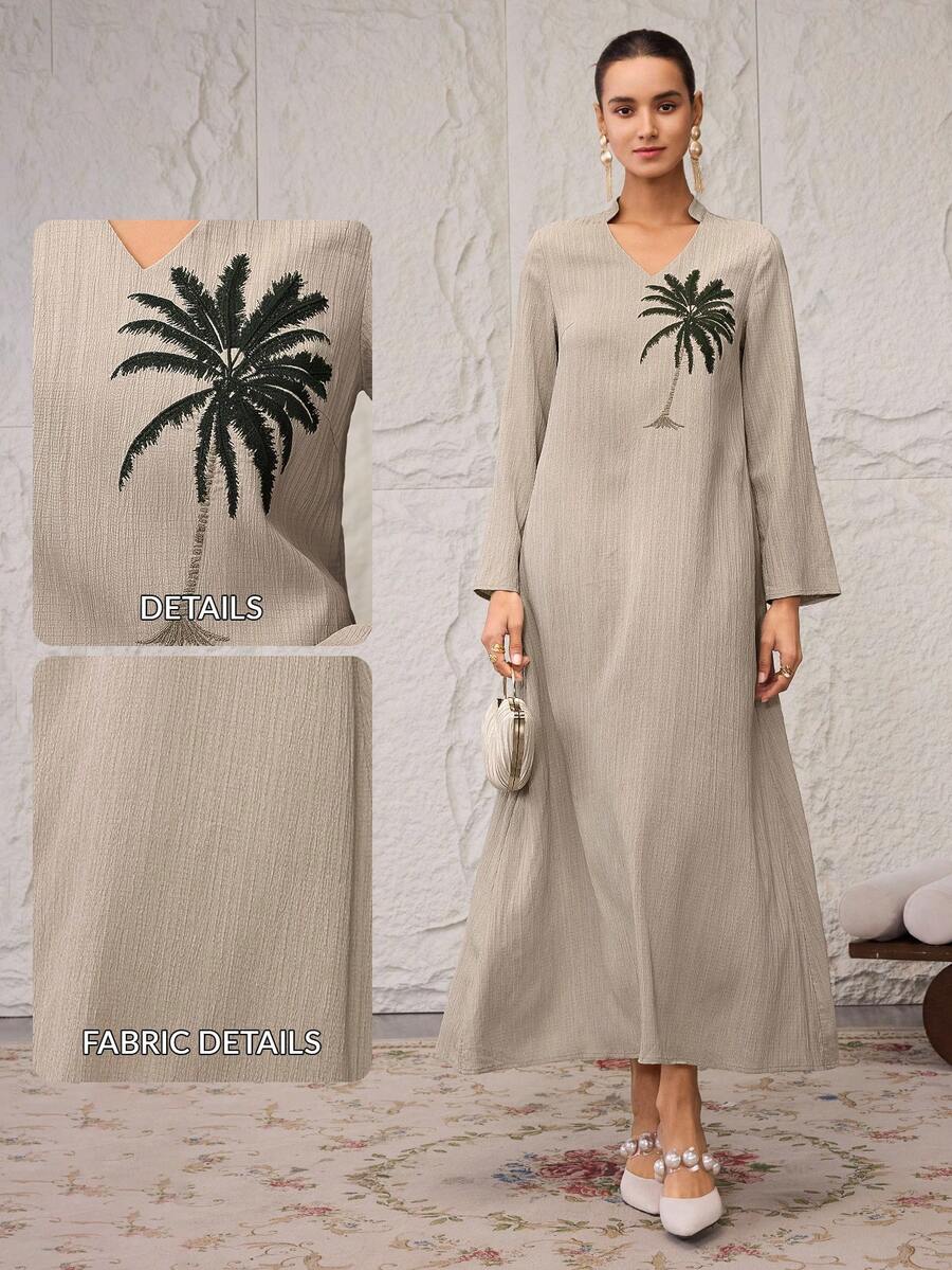 Al Najma 女士棕榈树印花V领长袖阿拉伯连衣裙