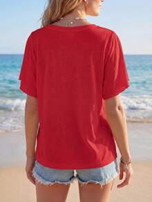 Sylviya Women Summer Solid Color V-Neck Ruffle Short Sleeve Casual T-Shirt - Rose Red - View 2