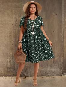 EMERY ROSE Plus Size V-Neck Short Sleeve Casual Dress,Country Vacation Outfits Woman,Simple And Fashionable For Everyday Wear,Summer Tops Women,Summer - Dark Green - View 3