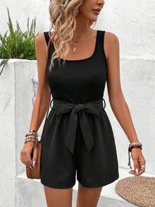 EMERY ROSE 棉质方领U领腰部系带蝴蝶结A字拼接复古休闲优雅连体裤（女款） - 黑色 - 查看 5