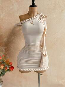 Soleia 春夏新款休闲度假西部海滩婚礼宾客着装毕业早午餐圣帕特里克节春假复活节音乐节优雅波西米亚热带风情不对称肩部褶皱迷你连衣裙，适合约会、派对、情人节等场合，针织纹理 - 米色 - 查看 4