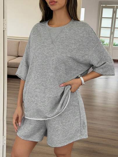DAZY Bộ đồ thể thao thường ngày cho bà bầu, áo tay ngắn và quần short cạp chun, 2 món, thích hợp cho mùa hè.
