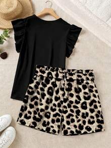 SHEIN LUNE Bộ đồ đôi cỡ lớn màu đen tay bồng và quần short họa tiết da báo, kiểu dáng thường ngày. - Nhiều màu - Xem 2