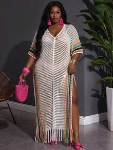 SHEIN CURVE+ 露背针织透视连衣裙长款女装 - 彩色 - 查看 5