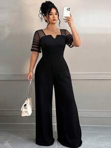 Elenzga Plus Size Women's Spring/Summer Fashion Minimalist Mesh Patchwork Design Waist Cinched Straight Leg Jumpsuit - Black - View 3