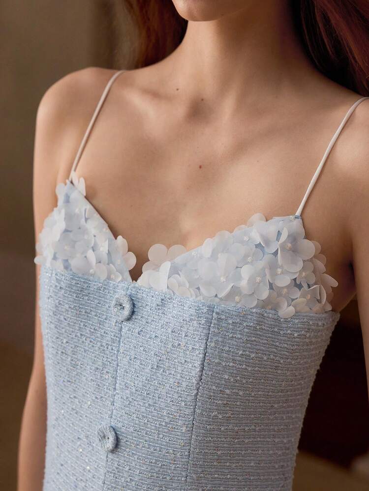 APPLIQUE BUTTON DECOR SPLIT THIGH STRAP DRESS