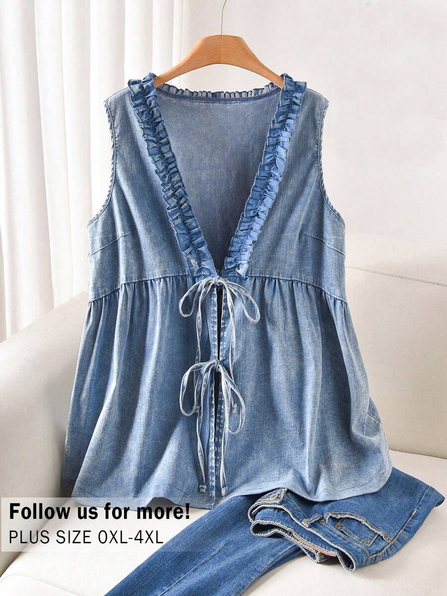 CosyJoli Áo nữ cỡ lớn, Áo cardigan thắt nơ, Áo sơ mi denim xanh, Áo kiểu dáng thường ngày đã giặt, Quần áo mùa hè dễ thương cho nữ, Áo denim nữ, Áo jean nữ, Áo cotton nữ, Quần áo cotton nữ, Váy denim mùa hè