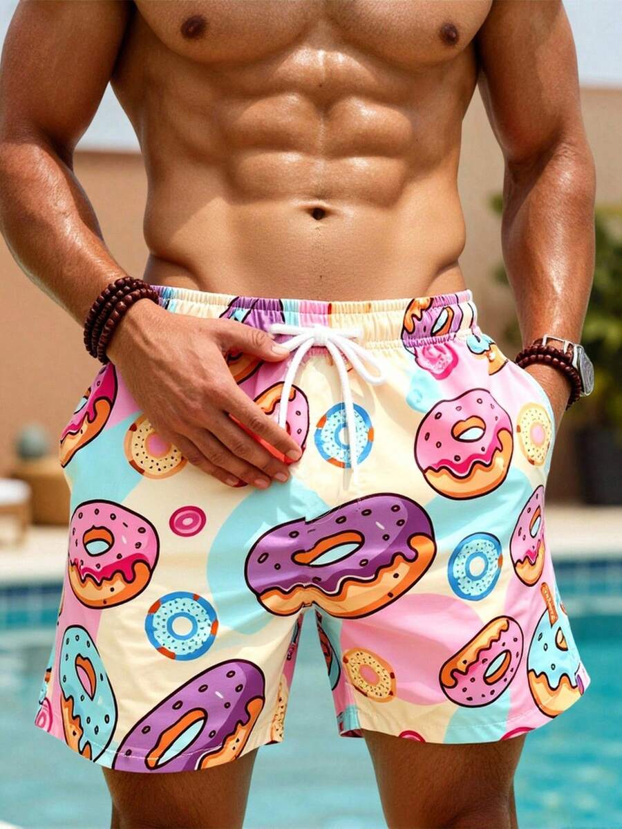 Manfinity Swimmode Quần short đi biển cỡ lớn dành cho nam, in hình bánh donut, có dây rút ở eo và túi. - Hồng - Xem 1