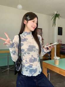 DAZY 女款休閒波點長袖韓風T恤，夏季圖案印花上衣 - 藍色 - 查看 3