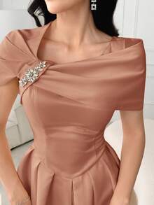 Modelyn Women's Solid Color Rhinestone Flower Decor Elegant Dress - Champagne - View 4