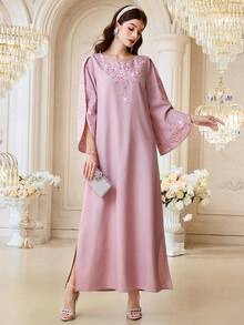 Al Najma Đầm dài tay đính đá kiểu Ả Rập dành cho nữ - Hồng - Xem 5