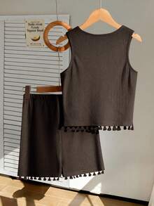 2pcs/Set Striped Bow Tie Sleeveless Crop Top + Ruffle Hem Shorts Set For Teenage Girls, Sweet & Spicy Style, Non-Fleece Design, Suitable For Parties And Summer Outings - Brown - View 2