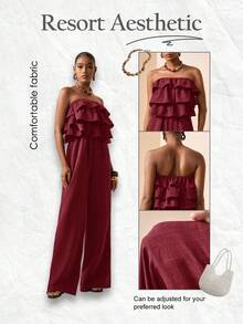 Zivah 2026春夏婚礼季、音乐节、复活节西式多层荷叶边纹理面料高腰阔腿连体裤 - 酒紅色 - 查看 8