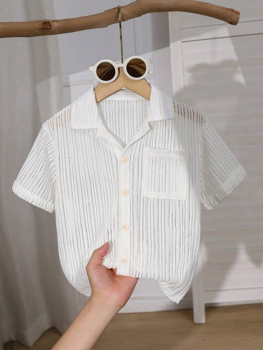 Souflis Souflis 男童纹理面料翻领纽扣短袖衬衫,休闲复古乡村度假风白色米色透气夏季上衣 - 杏色 - 查看 1