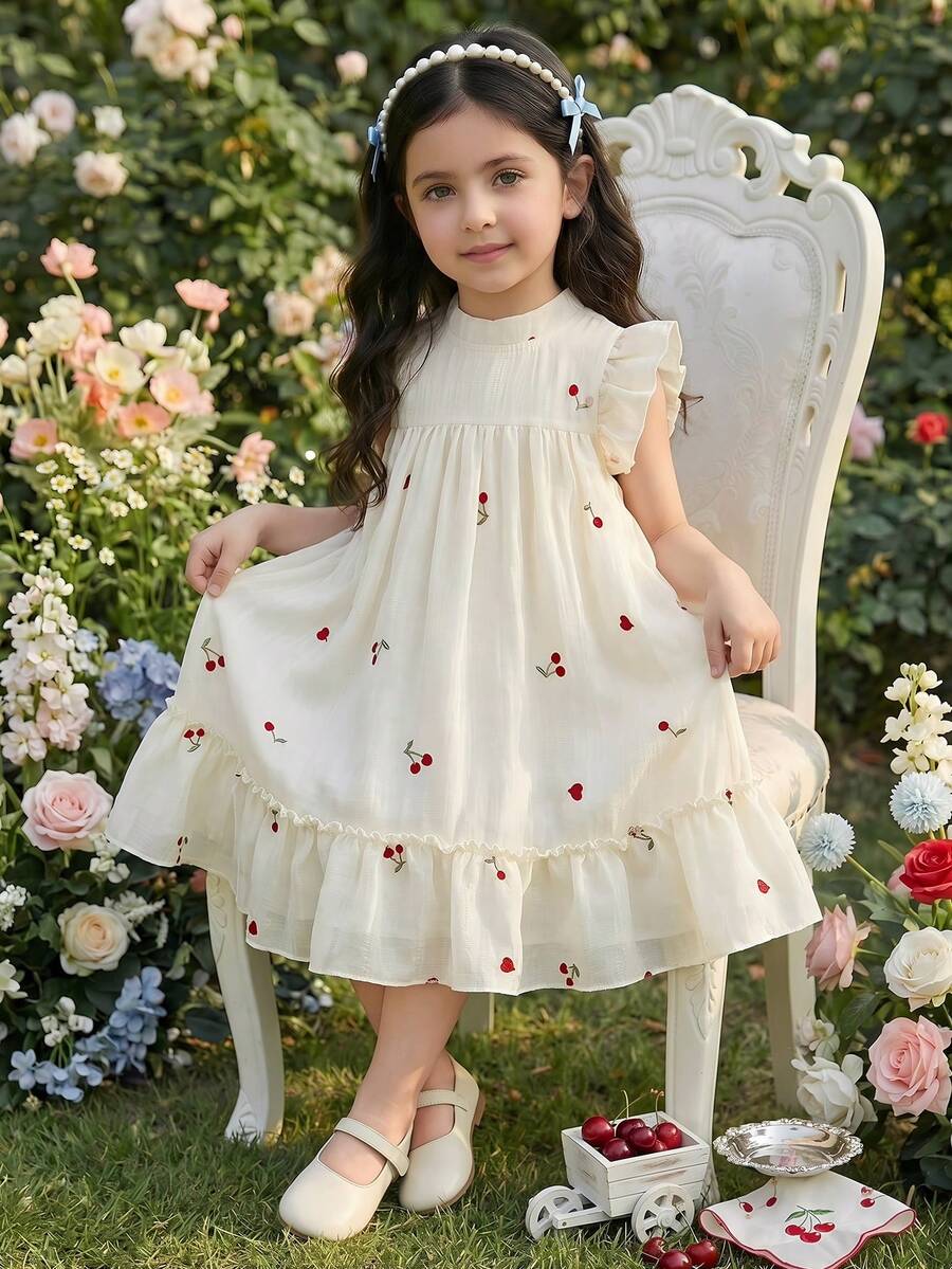 Souflis Souflis French Style New Cherry Pattern Girls Dress, Elegant Loose Fit Sleeveless Dress, Simple Chic Vacation Style - Multicolor - View 1