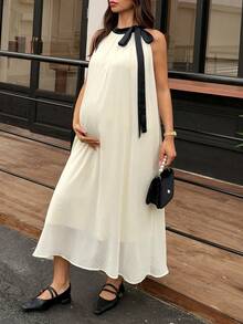 DAZY Contrast Color Patchwork Tie Sash Collar Loose Chiffon Dress, Sleeveless, Elegant Maternity Dress For Spring & Summer Sun Dresses For Women - White - View 6