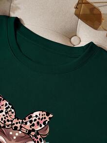 EMERY ROSE Plus Size Cat Owl Print T-Shirt, Cute Graphic Design, Casual Crew Neck Plus Size Tee, Suitable For Outdoor, Shopping - Green - View 5