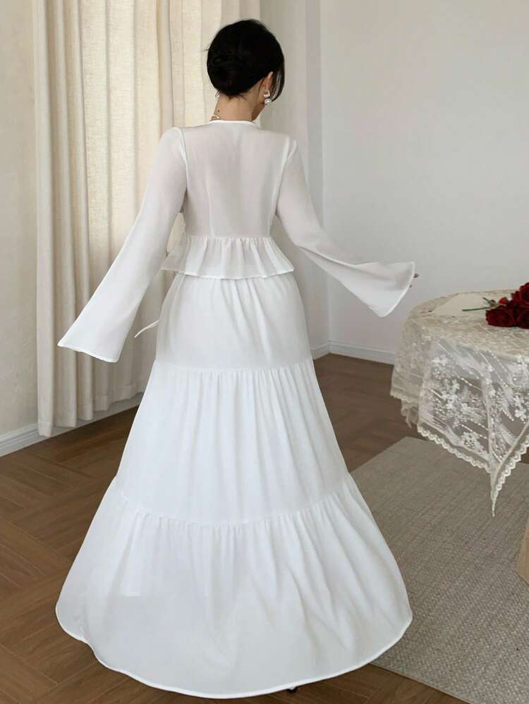 Spring & Summer Casual Vacation Style White Lace Patchwork Shirt & Long Skirt 2-Piece Set For Women