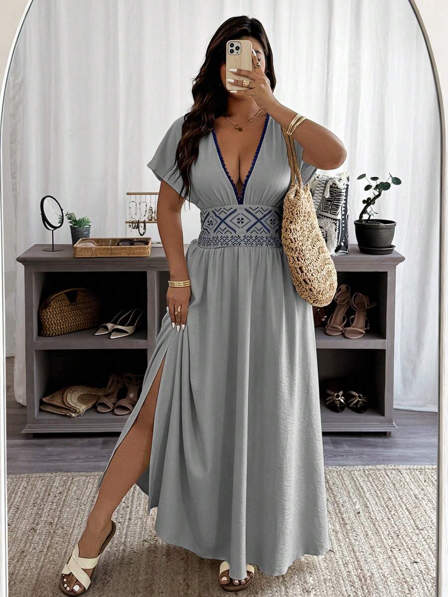 Weeklong Plus Size Women's Spring/Summer Floral Splice Waist Embroidered A-Line Casual Vacation Dress - Grey - View 1