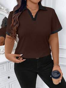 SHEIN CURVE+ 大码女式休闲通勤户外百搭撞色短袖T恤，春夏款 - 咖啡棕 - 查看 3