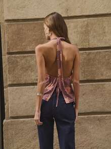 Nöista Sunflower Print Halter Top Is Elegant And Cute, Featuring A Large Print, Drawstring Waist, And Ruffled Hem In A Bohemian Style. The Soft Material Is Perfect For Summer And The Beach, Making It A Striking Piece For A Casual Summer Vacation. - Orange - View 5